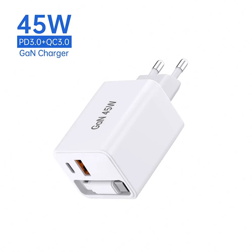 Cargador PD con enchufe de CA de la UE de 45W con cable retráctil tipo c