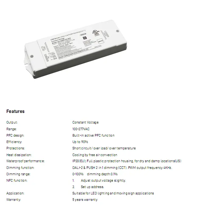 Controlador LED de atenuación DALI CCT de voltaje constante de 60 W