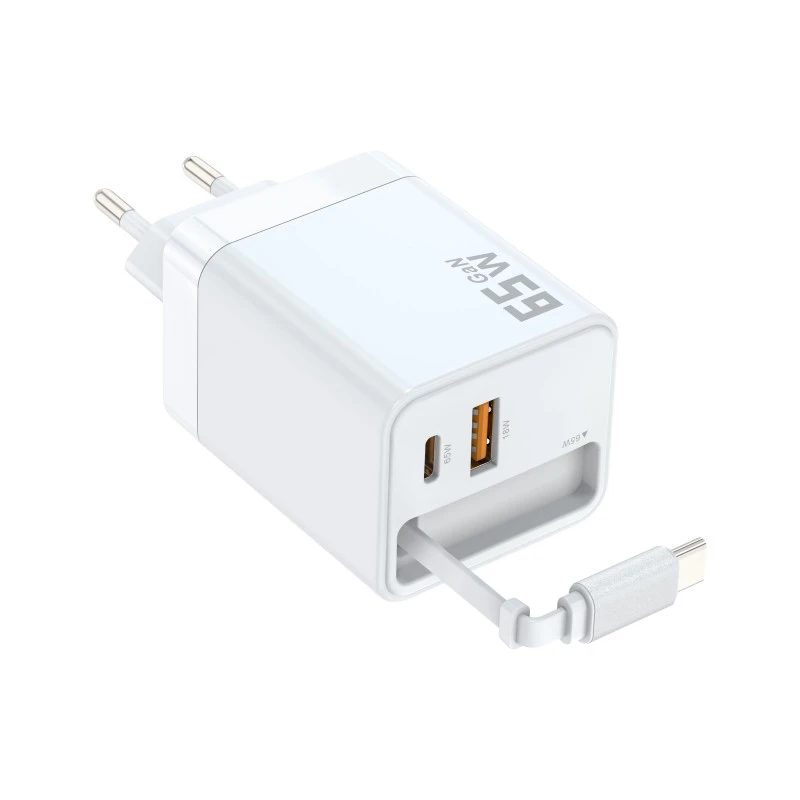 Cargador rápido tipo UE de 65w con cable retráctil tipo c