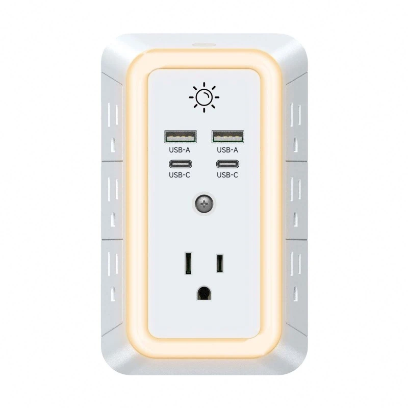 Regleta eléctrica de 7 tomacorrientes para EE. UU. con luz nocturna LED